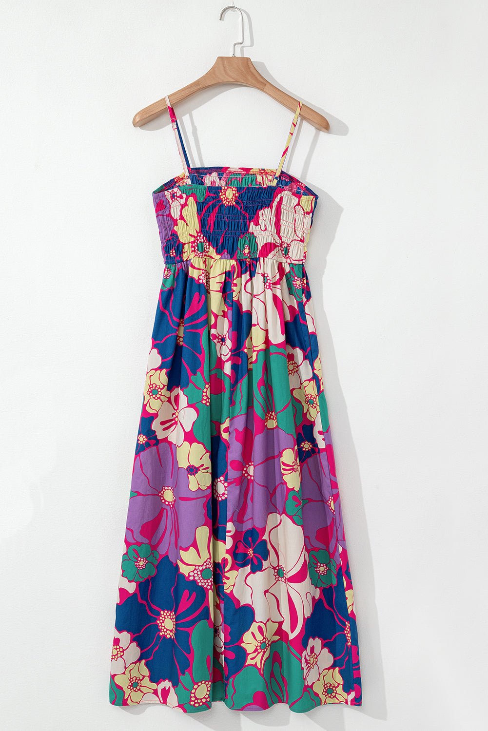 floral print shirred spaghetti strap loose maxi dress