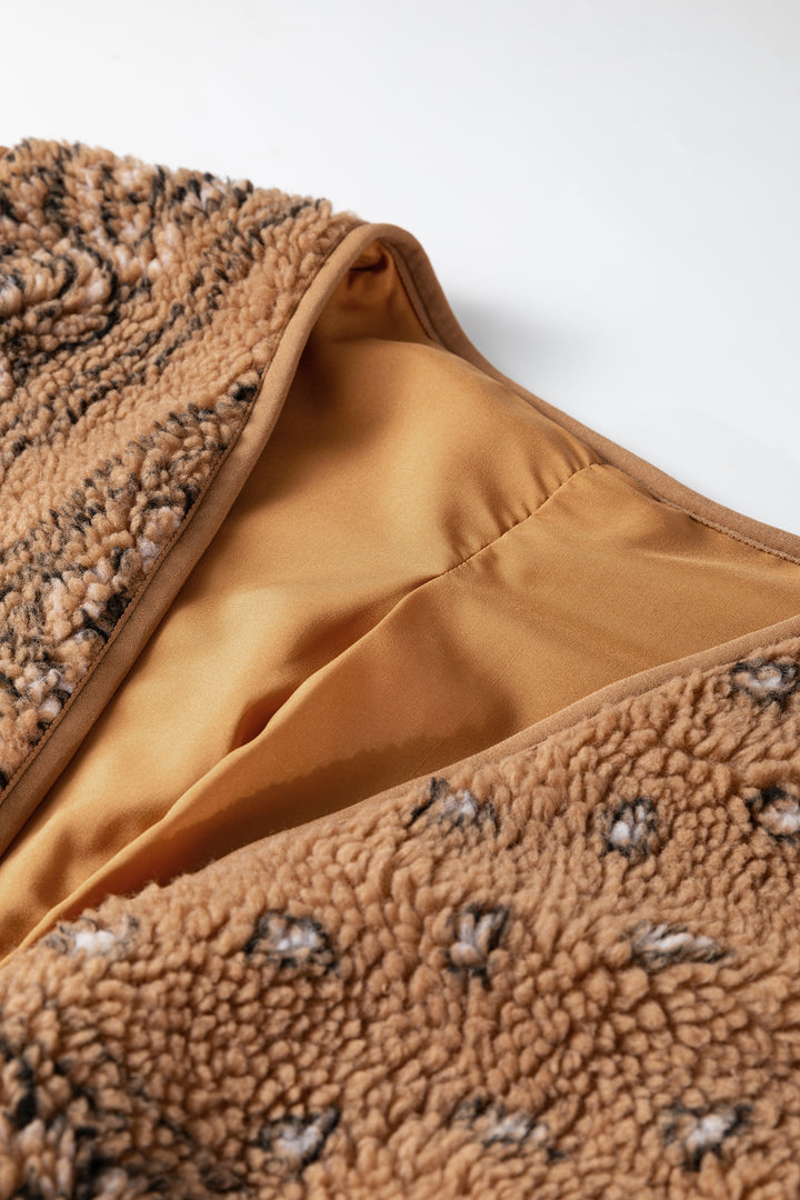 Brown Sherpa Paisley Print Pocketed Western Vest Jacket