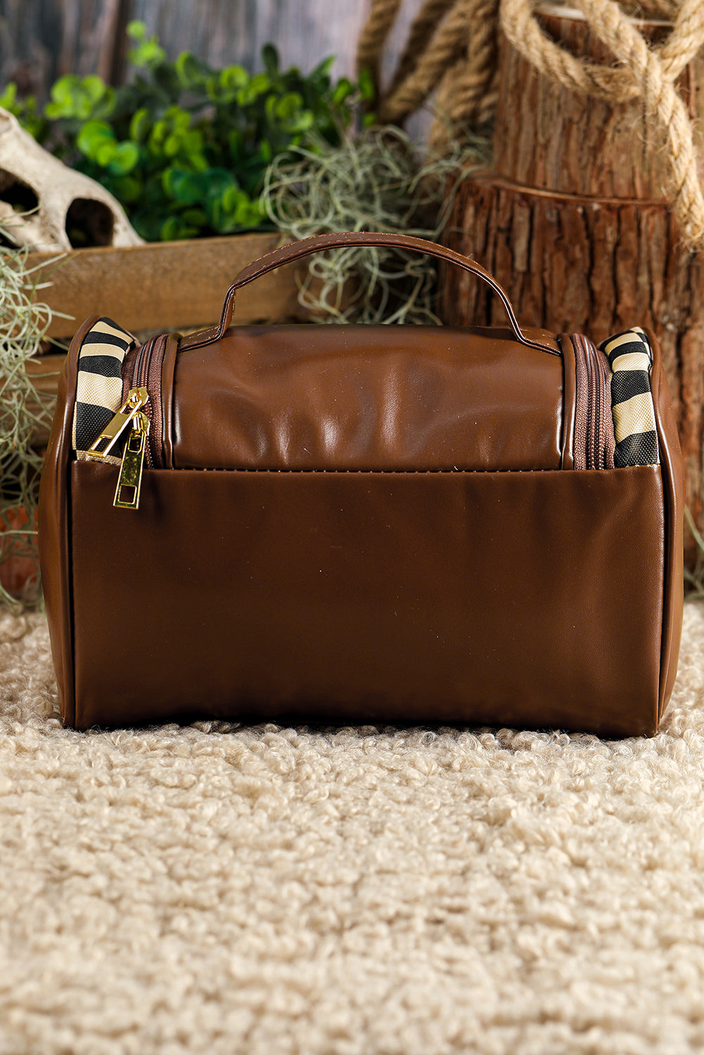 Checkered PU Leather Zipper Makeup Bag