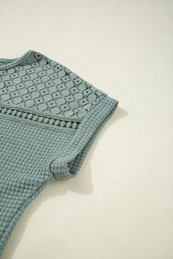 Mist Green Lace Patchwork Waffle Short Sleeve Top