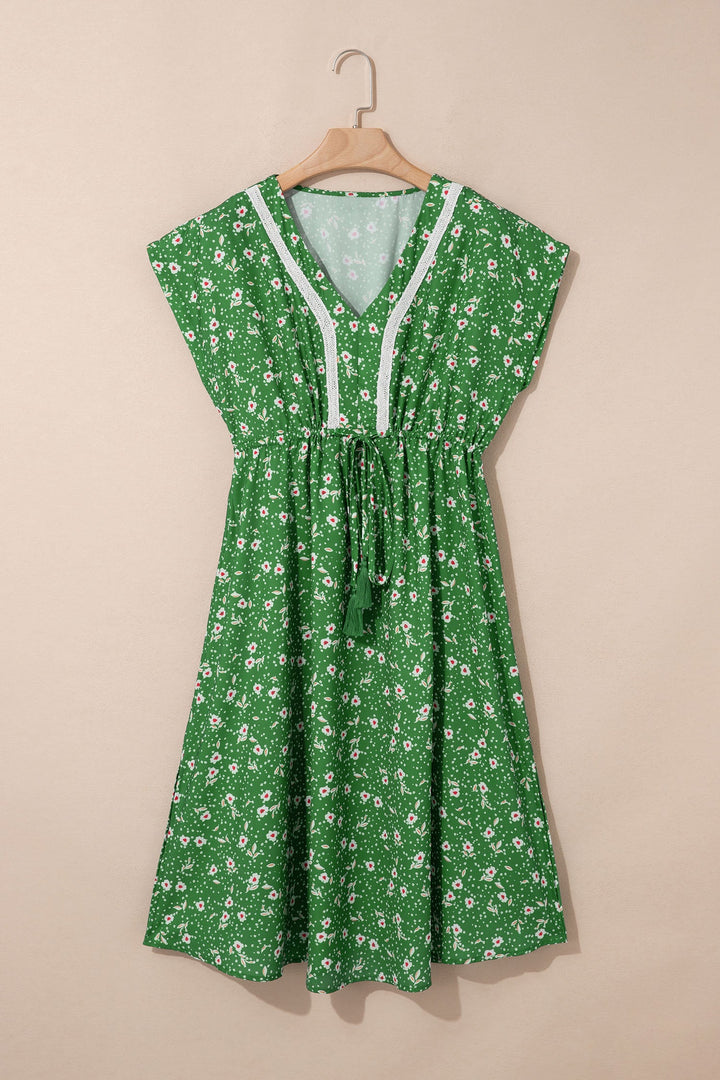 Green Abstract Print Embroidered Trim V Neck Drawstring High Waist Loose Vacation Dress