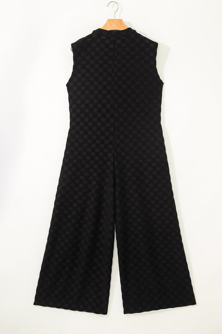 Black Half Buttons Sleeveless Wide Leg Textured Jumpsuit