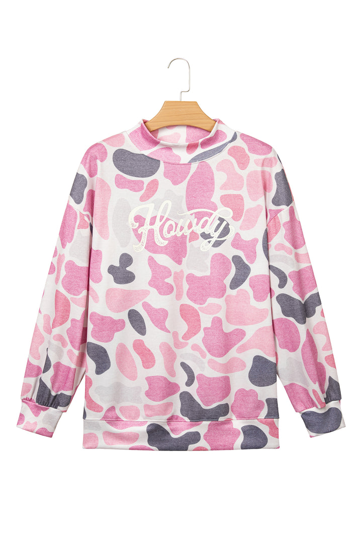 Pink Camo Print Howdy Western Style Baggy Pullover Sweatshirt