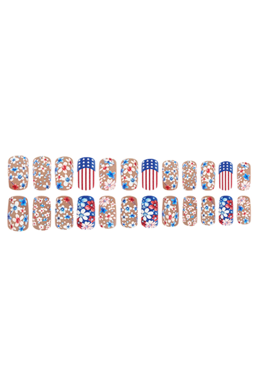 American Flag Flower Print Square False Nails
