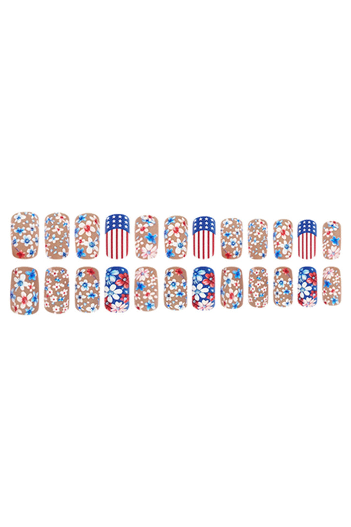 American Flag Flower Print Square False Nails