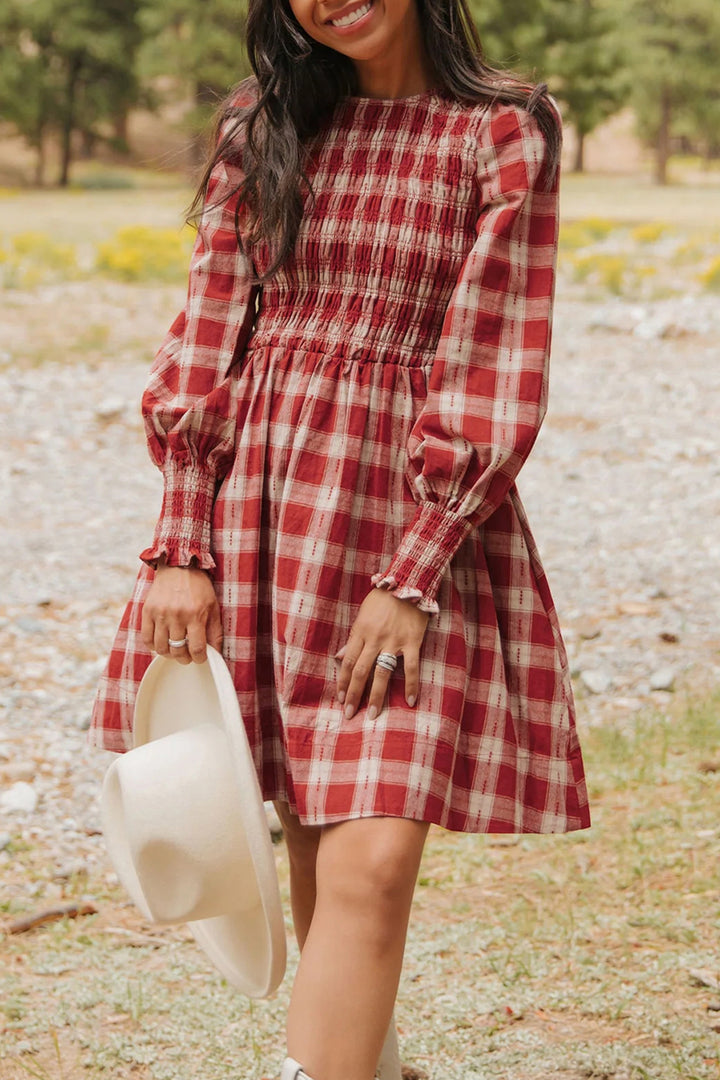 Plaid Print Smocked Puff Sleeve Mini Dress