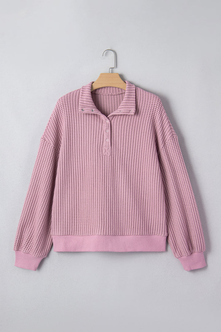 Light Pink Solid Color Textured Snap Button Collared Baggy Top