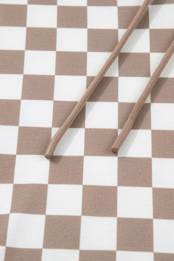 Khaki Double Checkered Patchwork Tie Neck Oversize Hoodie