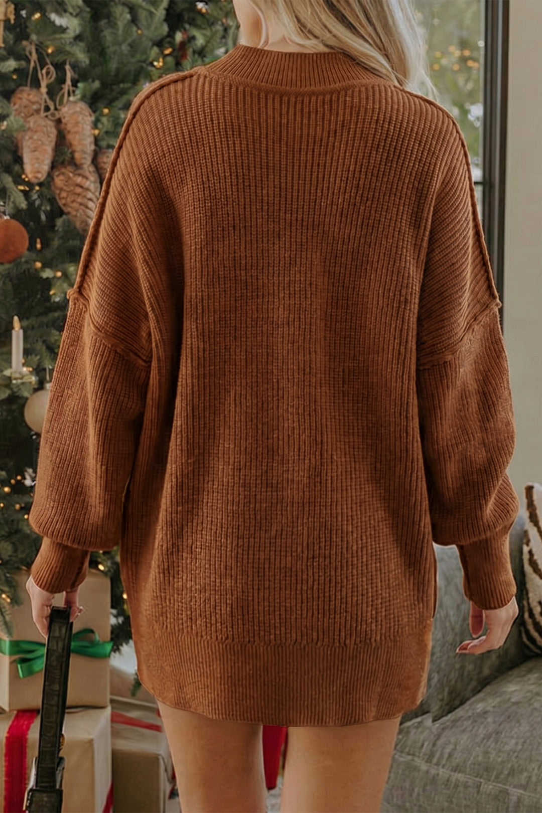 Chestnut Ribbed Knit Stand Neck Regular Fit Pullover Sweater