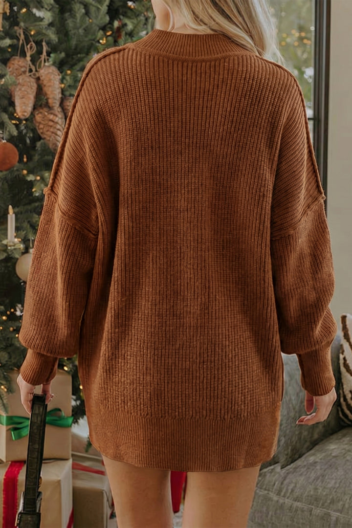 Chestnut Ribbed Knit Stand Neck Regular Fit Pullover Sweater