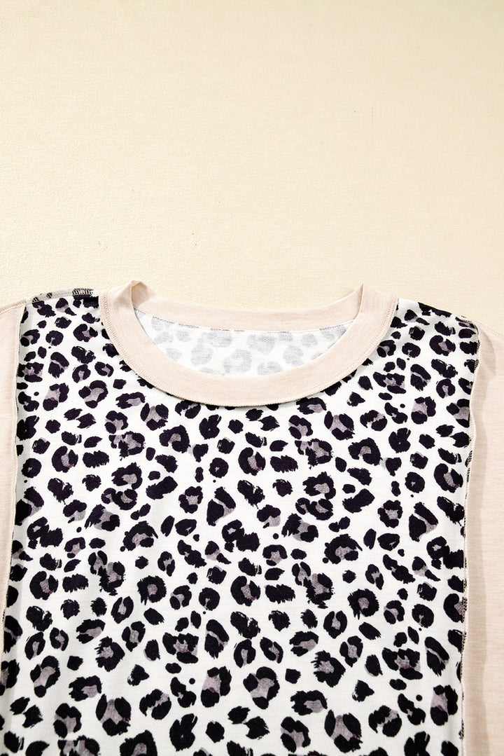 Gray Leopard Color Block Patchwork Reverse Stitch Plus Size Baggy Pullover