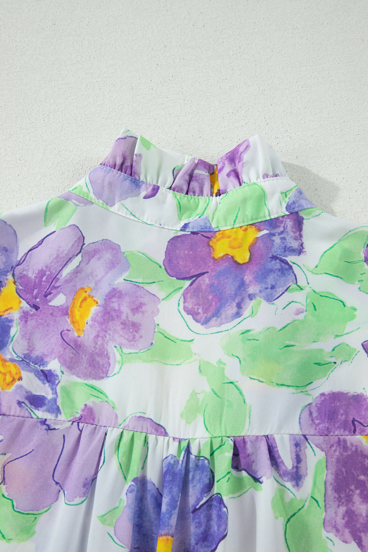 Purple Floral V Collar Short Sleeve Tiered Ruffle Mini Dress