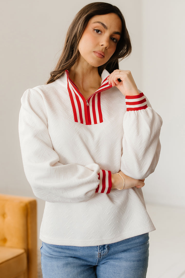 Textured Knit Contrast Striped Accent Zipped Collar Pullover Top