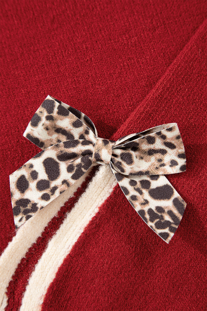 Racing Red Leopard Bow Decor Split Cuff Contrast Trim Sweater