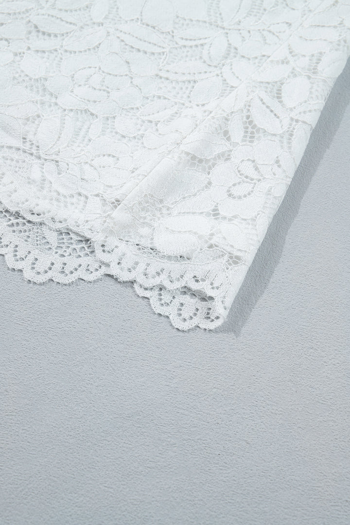 White Ruffled Round Neck Long Flounce Sleeve Sheer Lace Blouse