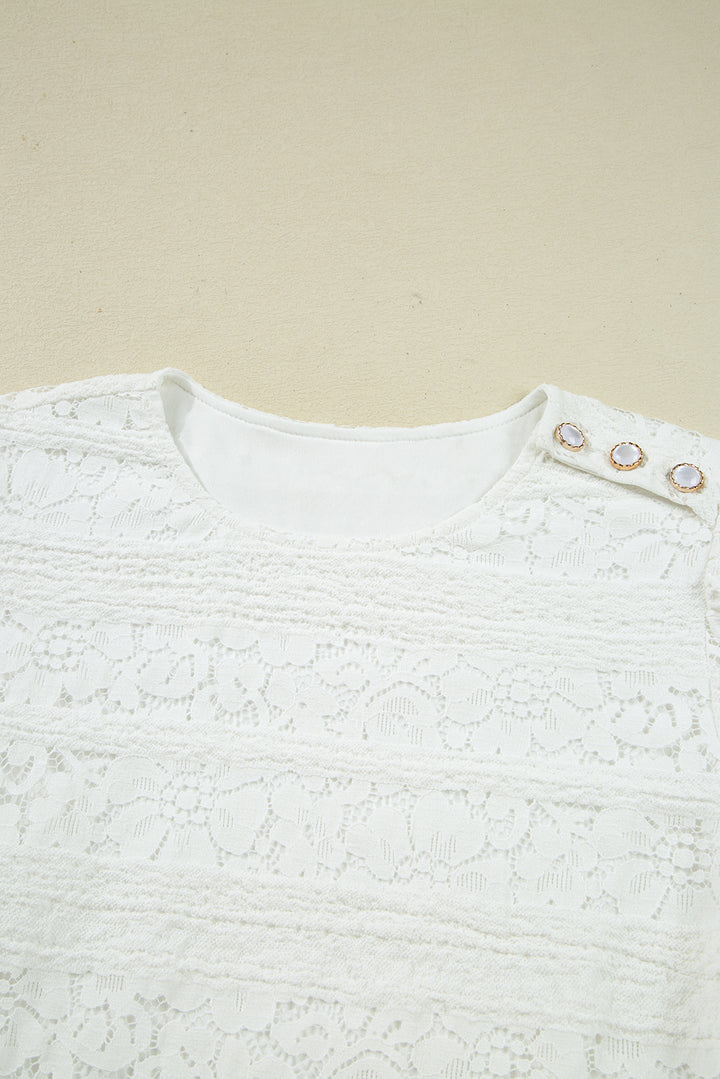 Chic White Lace Crochet Round Neck Puff Sleeve Shift Mini Dress