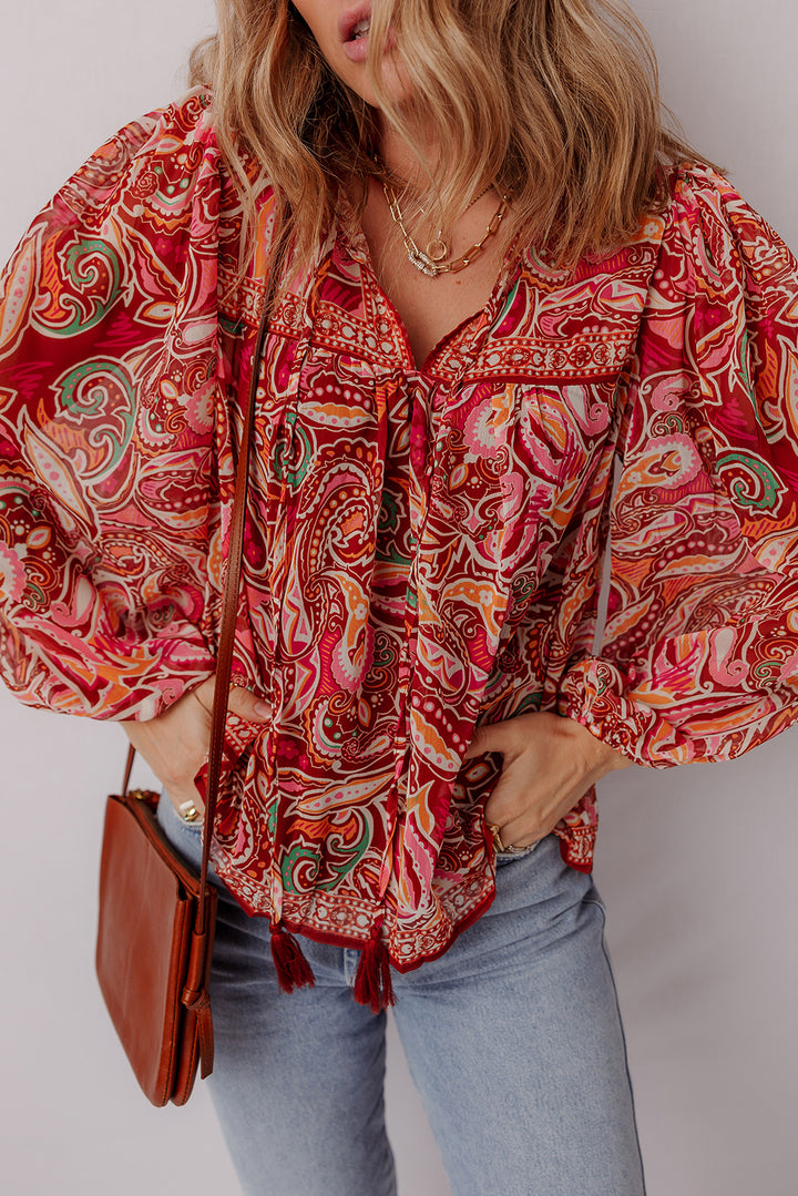 Ethnic Paisley Print Tassel Tie Puff Sleeve Boho Blouse