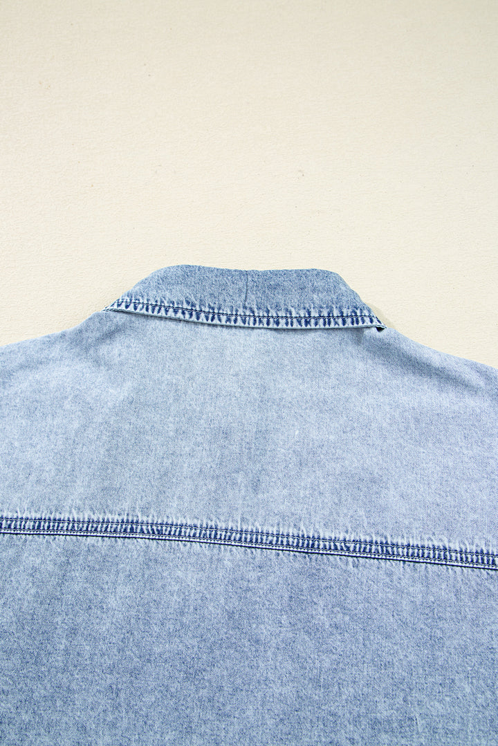Chest Pocket Raw Hem Denim Loose Shirt Dress