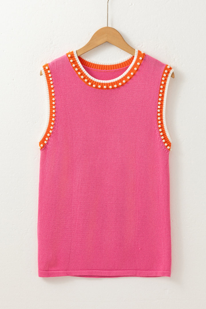 Contrast Trim Pearl Detail Sweater Tank Top