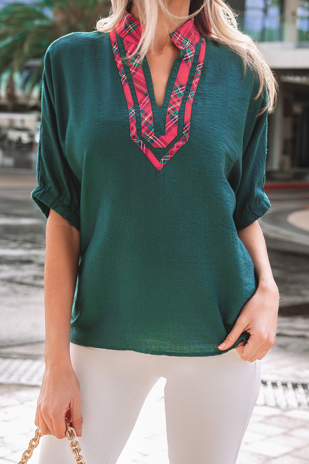 Contrast Plaid Patchwork V Neck Half Sleeve Blouse