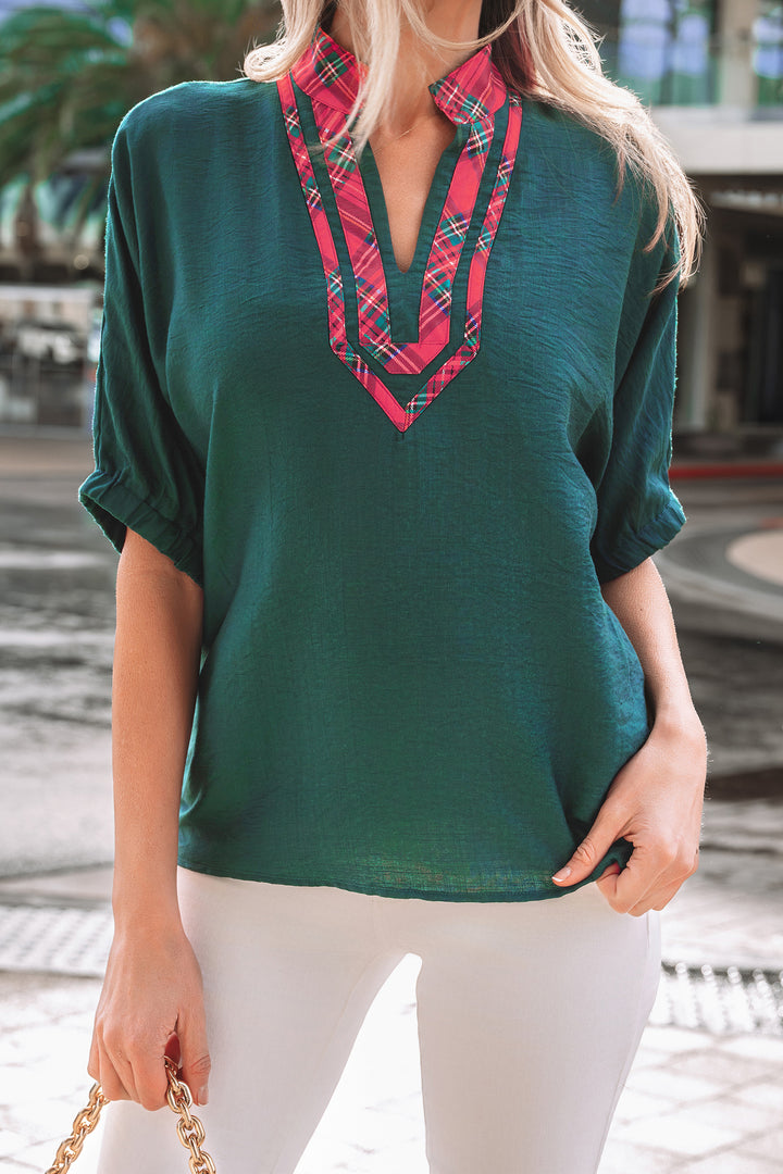 Contrast Plaid Patchwork V Neck Half Sleeve Blouse