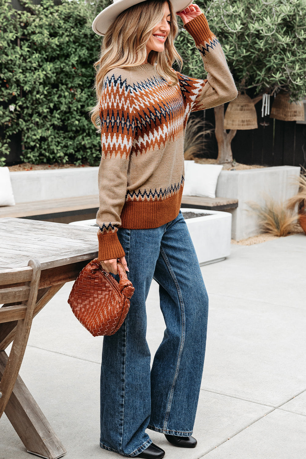 Aztec Print Colorblock Crew Neck Sweater