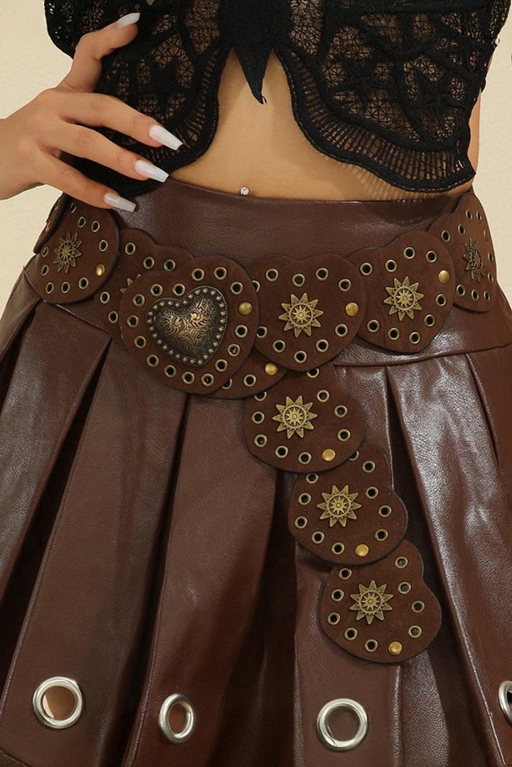 Ceinture bohème vintage en PU avec détails en bronze et cœur connecté