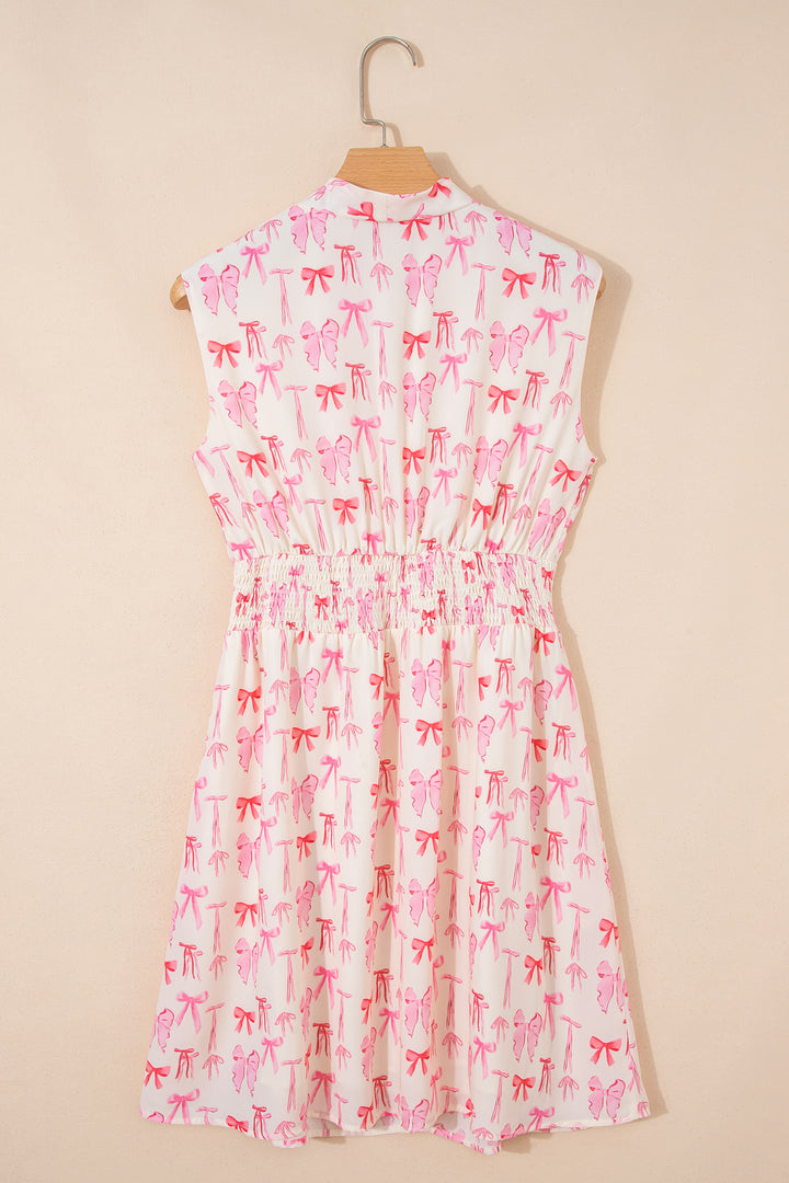 Full Zip Cinched Waist Sleeveless Bow Mini Dress