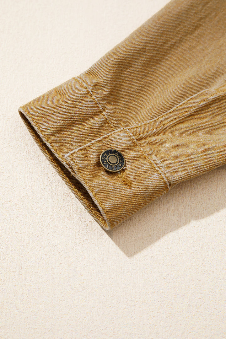 honey gold Metal Button Front Long Sleeve Collar Denim Jacket