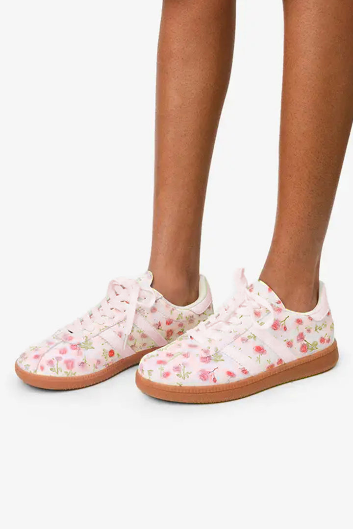 Floral Print Lace-up PU Leather Flat Shoes
