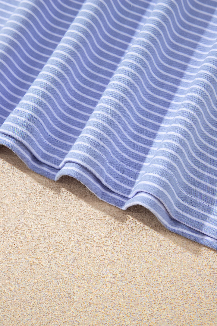 Sky Blue Stripe Dolman Sleeve Polo Shirt and Drawstring Shorts Set