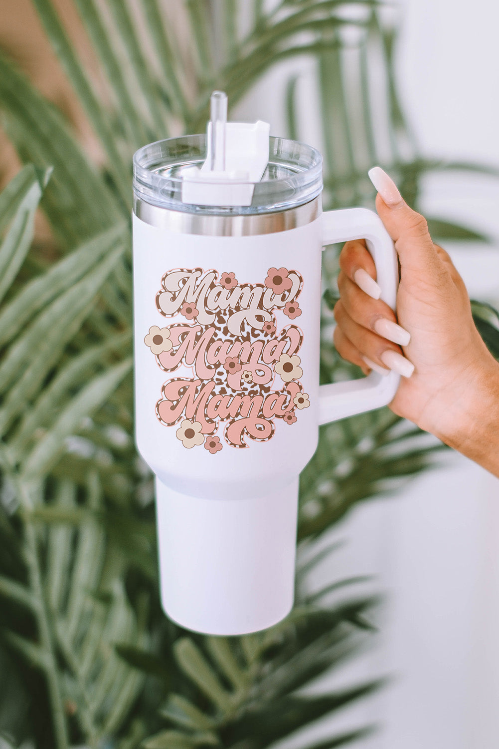 Tasse isotherme en acier inoxydable à imprimé léopard et fleurs Mama, 1 134 ml