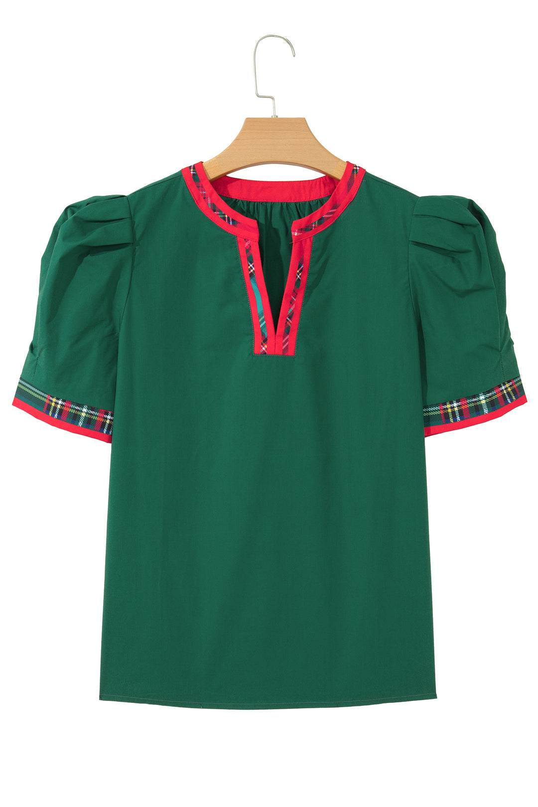 Evergreen Plaid Trim V Neck Short Sleeve Shift Blouse