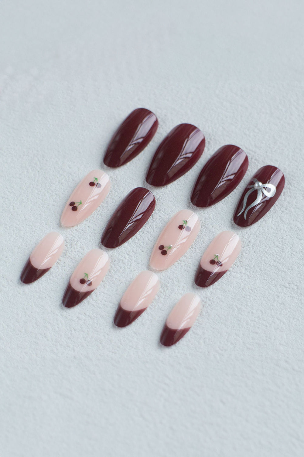 Bow Cherry Pearled Almond Shape Nail Stickers with Jelly Glue