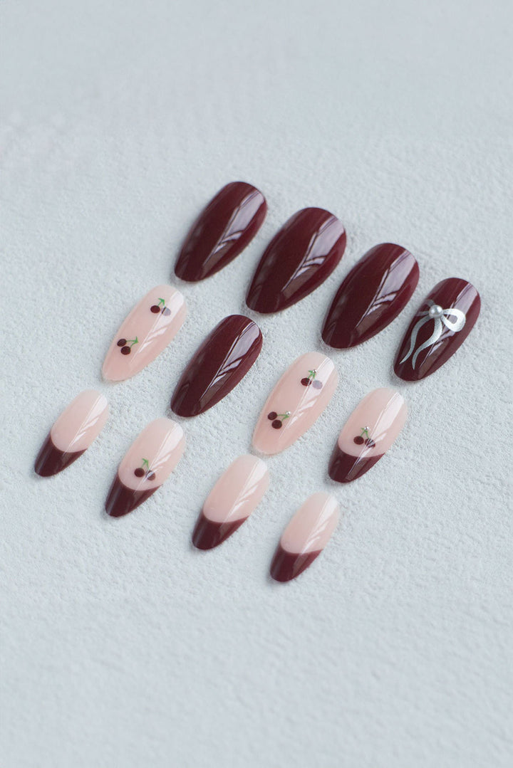 Bow Cherry Pearled Almond Shape Nail Stickers with Jelly Glue