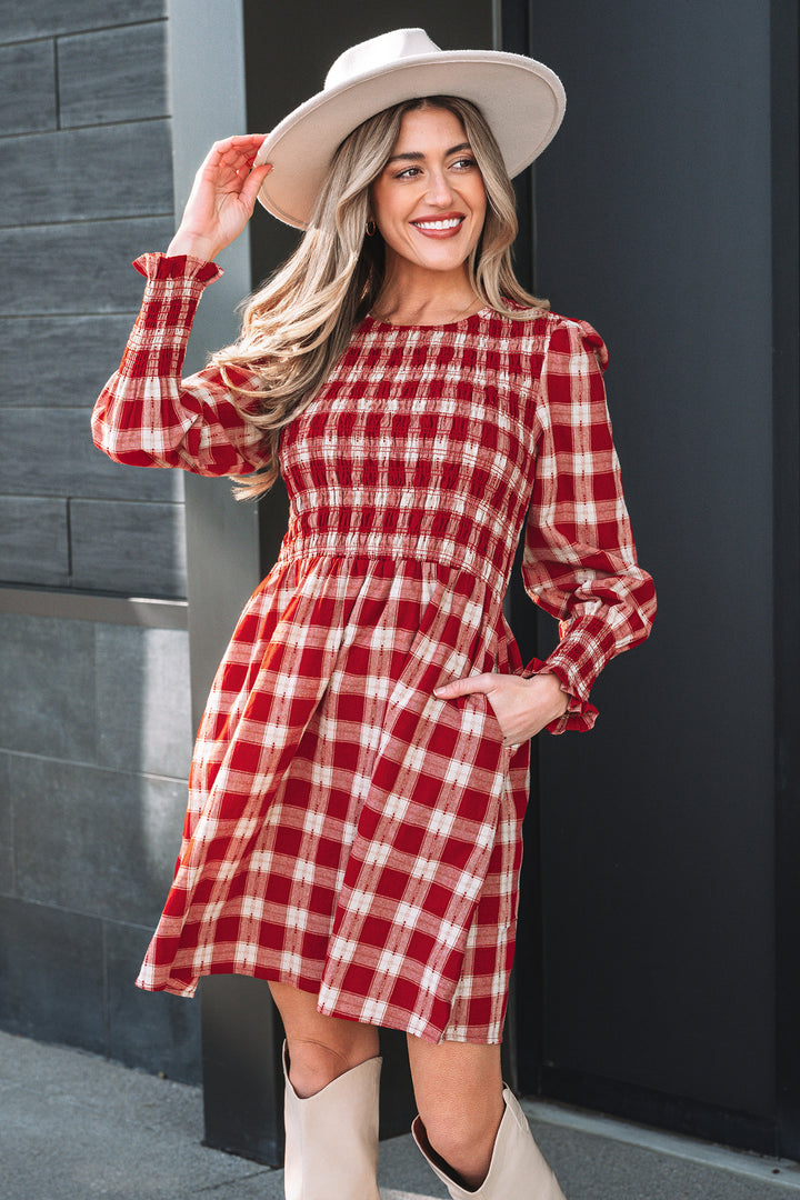 Plaid Print Smocked Puff Sleeve Mini Dress