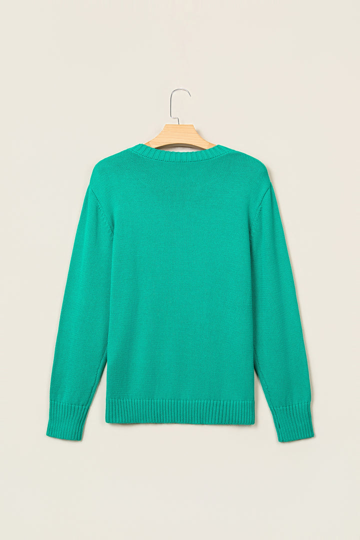 Bright Green Merry Print Ribbed Trim Round Neck Loose Fit Sweater