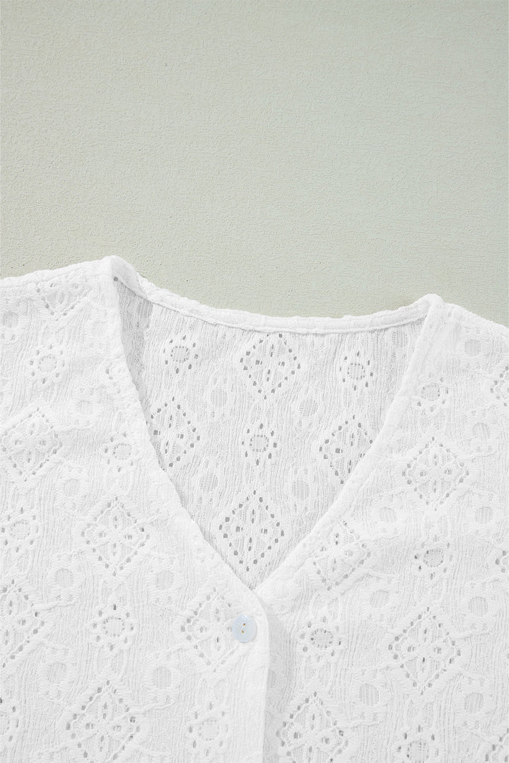 Lace Puff Sleeve V Neck Button Up Shirt
