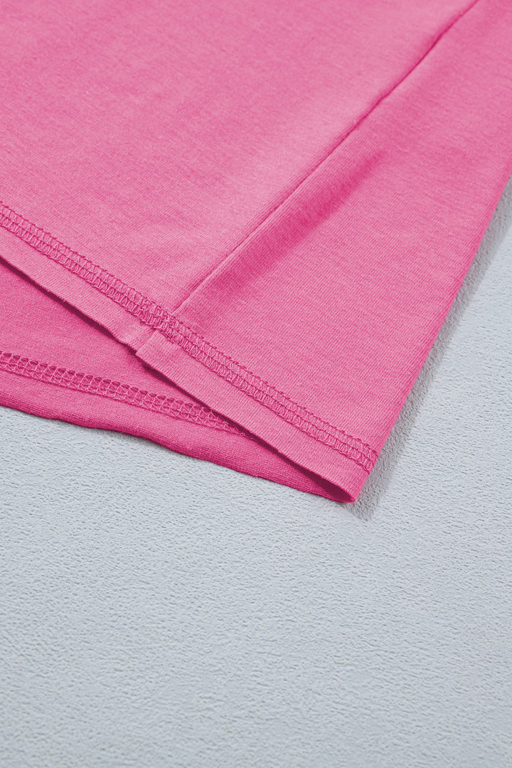 Bright Pink Seam Detail Raw Edge Tee Rainbow Waistband Casual Short Set
