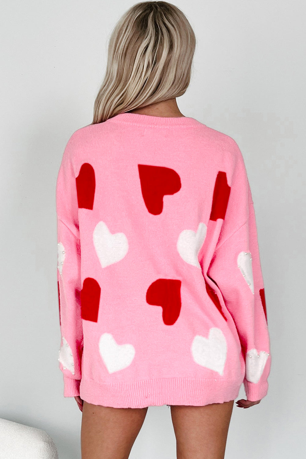 Pearl Embellished Heart Pattern Valentines Day Sweater