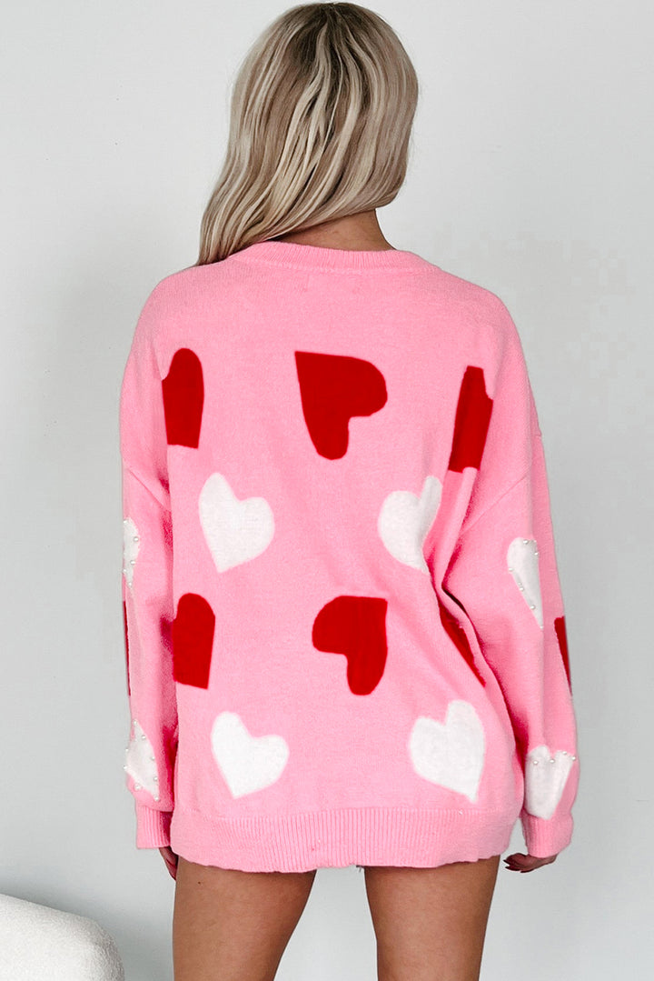 Pearl Embellished Heart Pattern Valentines Day Sweater