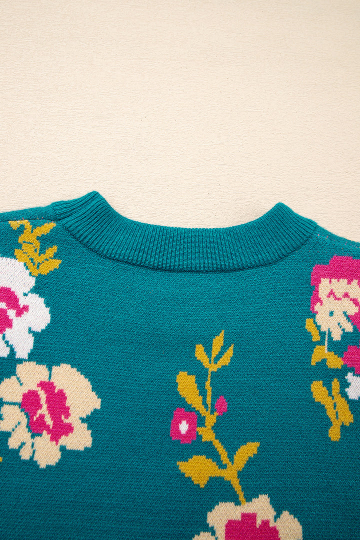 Flower Pattern Mock Neck Short Sleeve Knitted T Shirt