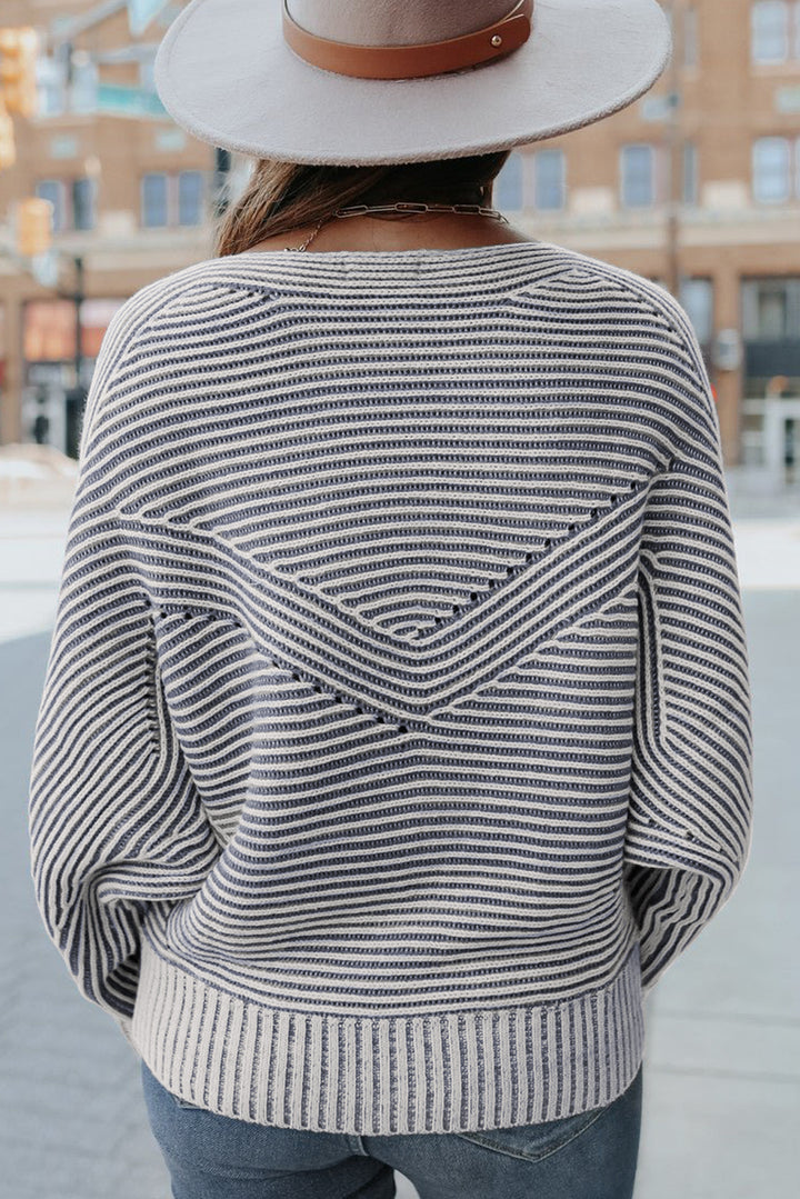 Striped Print Ribbed Knit Boat Neck Baggy Sweater