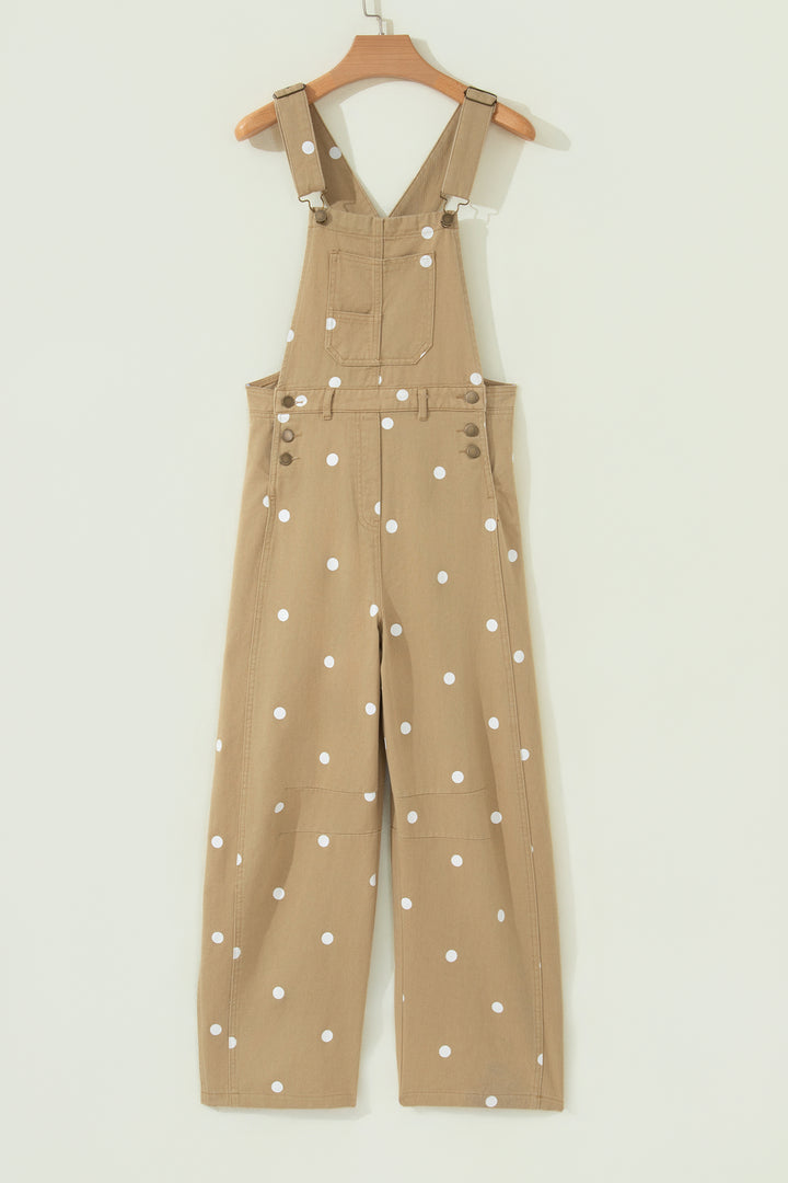 Light French Beige Polka Dot Print Bib Pocket Denim Barrel Overalls Jumpsuit