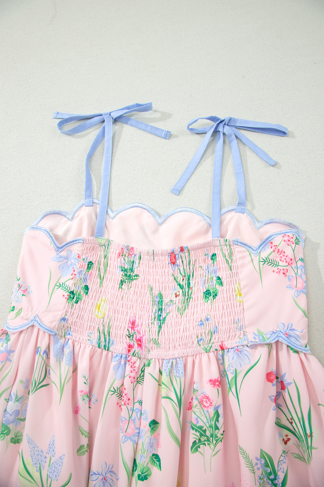Pink Floral Print Contrast Trim Self-tie Straps High Waist Midi Dress