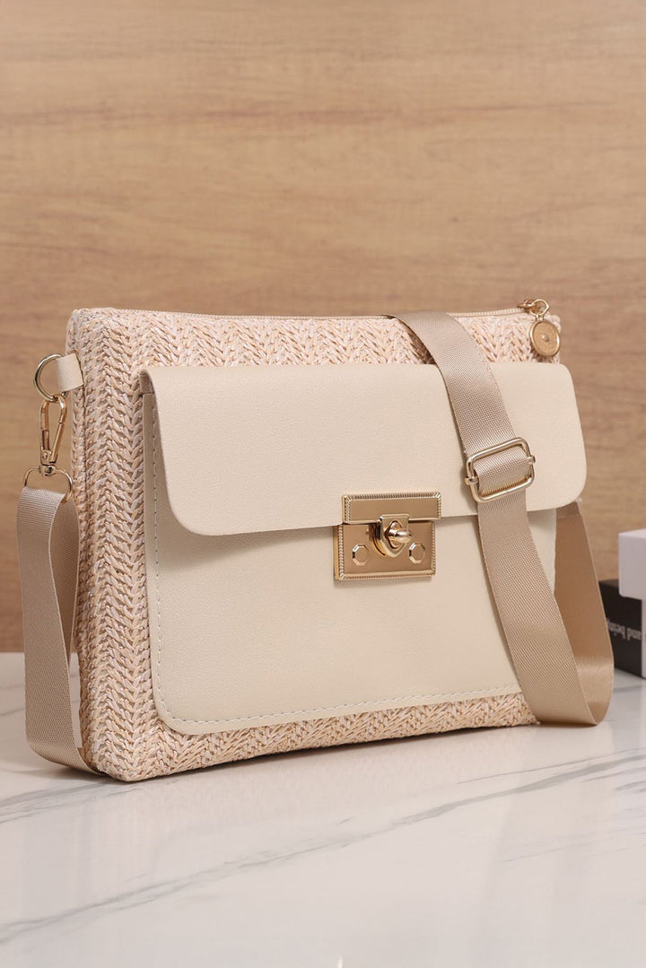 Leather Pocket Patchwork Straw Woven Shoulder Bag