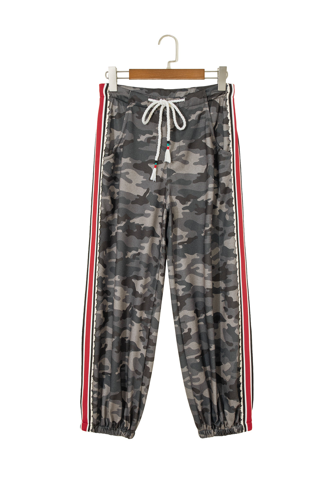 Green Camouflage Print Striped Side Panel Patchwork Drawstring Pants