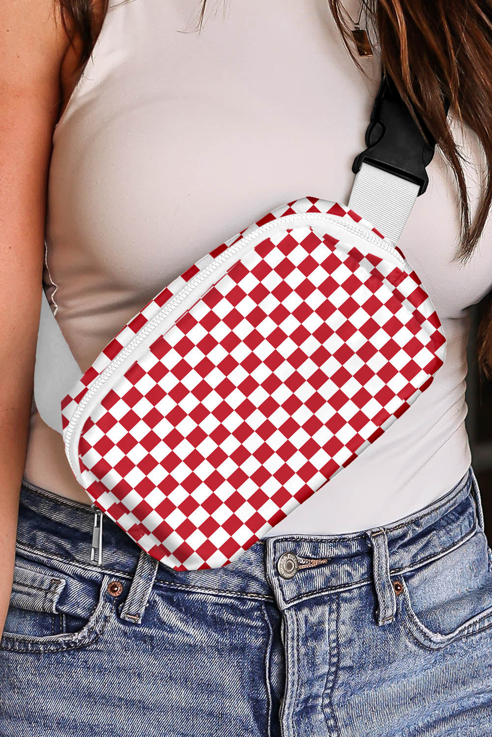 Checkered Print Zipped Buckle Strap Crossbody Bag