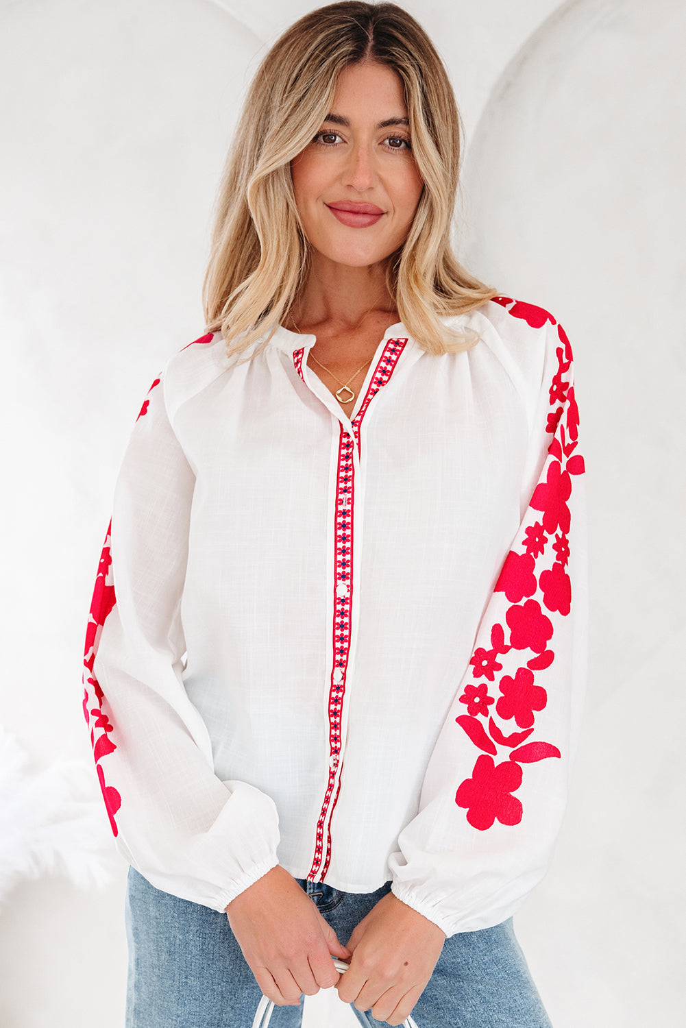 Floral Embroidered Puff Long Sleeve Casual Shirt