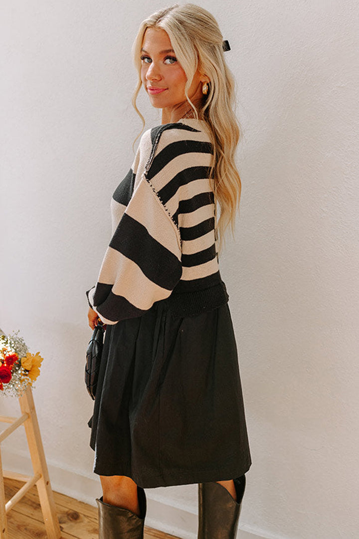 Black Stripe Two in One Knitted Top Splicing Hem Sweater Dress
